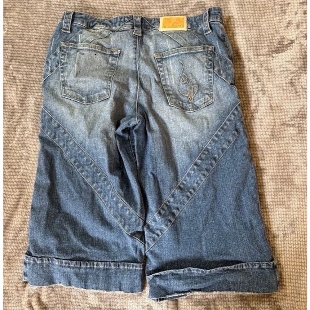 Baby Phat Vintage Y2K Denim Long Shorts Medium Wash Embroidered Cat Logo 32X16.